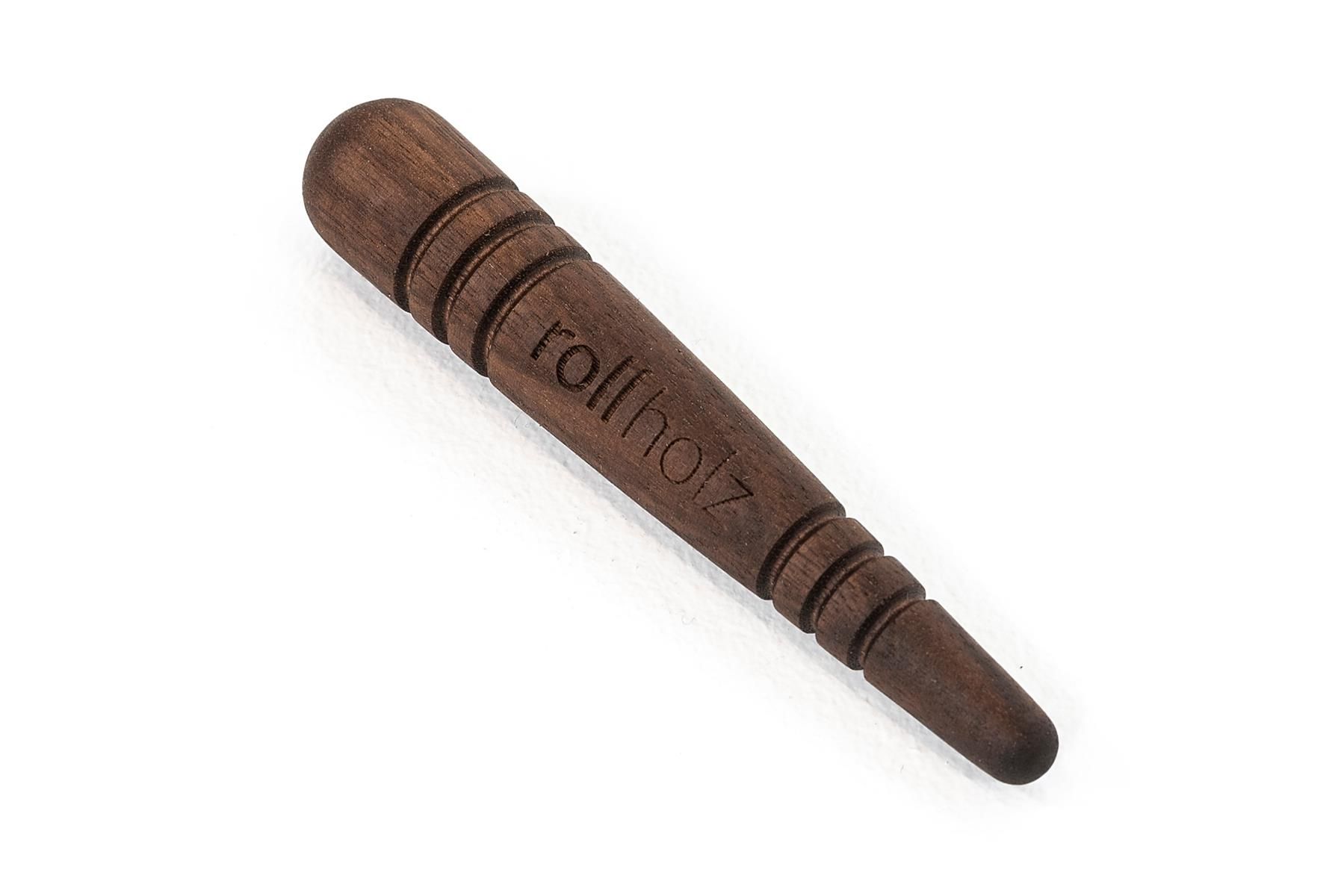 rollholz Triggerstift, 13 cm Lang mit zwei halbrunden (2 cm und 1 cm Durchmesser) Enden, Rillen für bessern Grip vorhanden, Holzart Walnuss