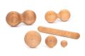 Faszien Set mit zwei Doppelkugeln (10 cm & 7 cm Durchmesser), einer Minirolle (30 cm lang und 4 cm Durchmesser)  und drei verschiedene Kugelgrößen (4, 7 und 10 cm), Holzart Erle