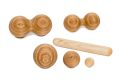Faszien Set mit zwei Doppelkugeln (10 cm & 7 cm Durchmesser), einer Minirolle (30 cm lang und 4 cm Durchmesser)  und drei verschiedene Kugelgrößen (4, 7 und 10 cm), Holzart Esche